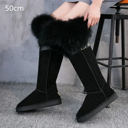 Winter Natural Fox Fur Long Boots Winter Fur Black Genuine Leather Snow Boots Knee- High Boots Waterproof Flat Raccoon Fur Boot