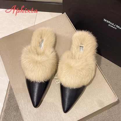 Aphixta New Warm Winter Real Rabbit Fur Plush Women Slippers Birds Furry Plaid Shoes Pointed Toe Flat Heel Hair Slides