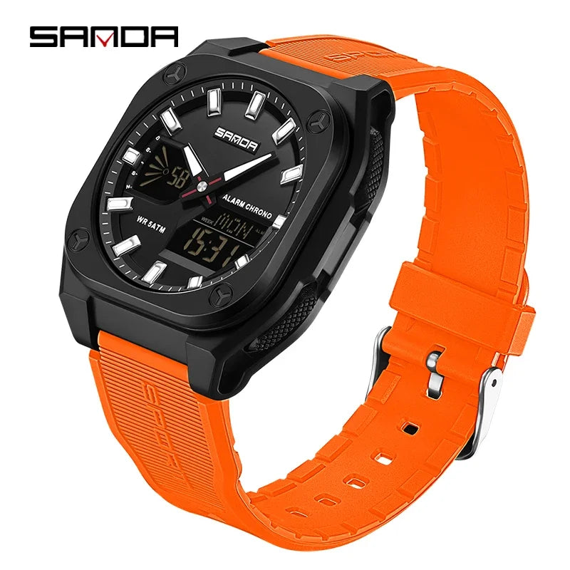 SANDA Quartz Watches for Men's Luxury Military Sport Chronograph Waterproof LED Dual Display Electronic Man Watches Reloj Hombre