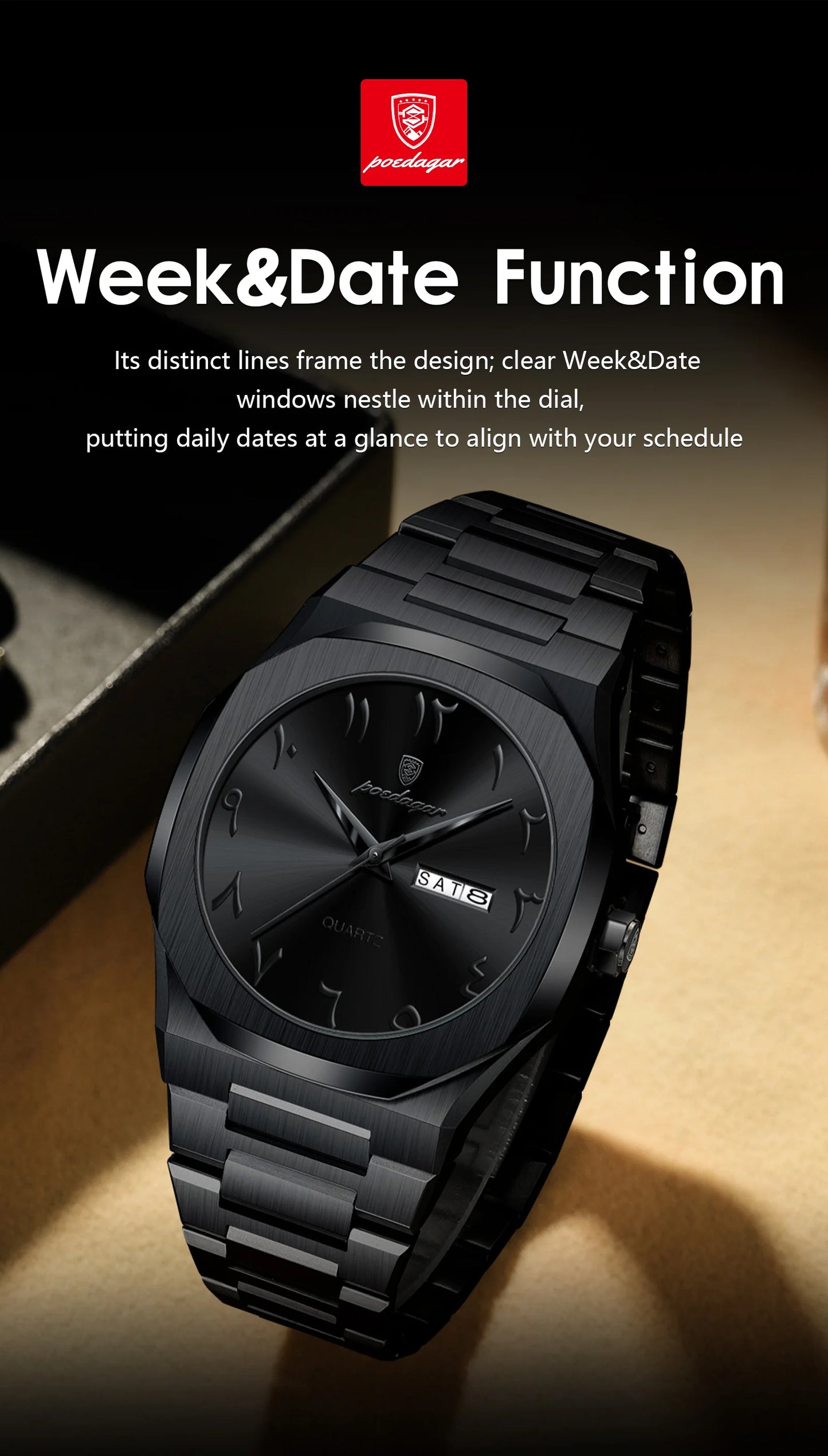 POEDAGAR Military Watch For Men Waterproof Luxury Week Calendar Man Wristwatch Quartz Stainless Steel Fashion Men's Watches Male