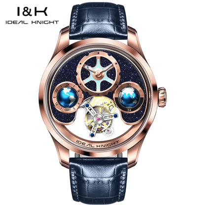 IDEAL KNIGHT 6808 Man Watch Blue Earth Dial Hollow Mechanical Watches For Men Waterproof Tourbillon Men's Automatic Wristwatches