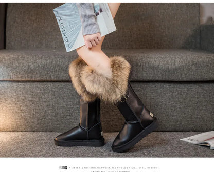 Winter Natural Fox Fur Long Boots Winter Fur Black Genuine Leather Snow Boots Knee- High Boots Waterproof Flat Raccoon Fur Boot