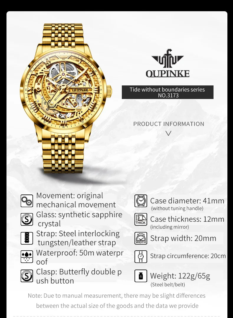 OUPINKE 3173 Men's Full Gold Watch Fully hollow out Waterproof top-level luxury automatic mechanical watch