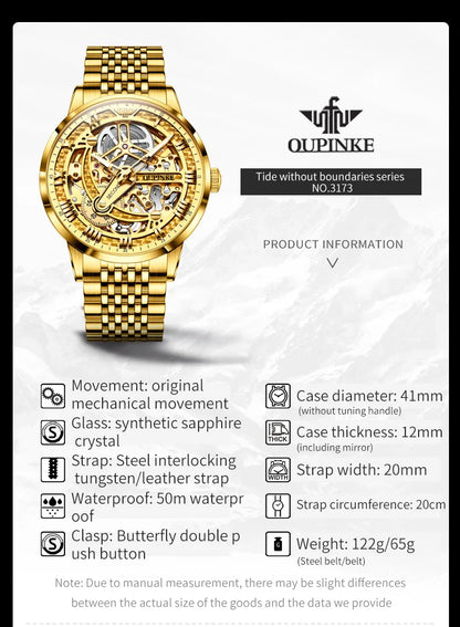 OUPINKE 3173 Men's Full Gold Watch Fully hollow out Waterproof top-level luxury automatic mechanical watch