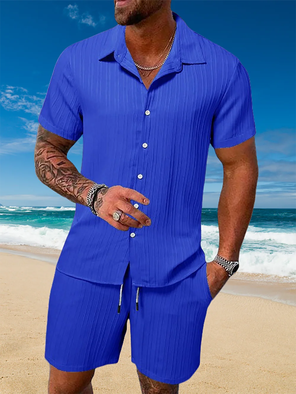 Ice Silk Cool Summer Men's Solid Color Polo Casual Loose Short Sleeve Shorts Sport Set Beach Surfing Ultra-thin Ultra Light