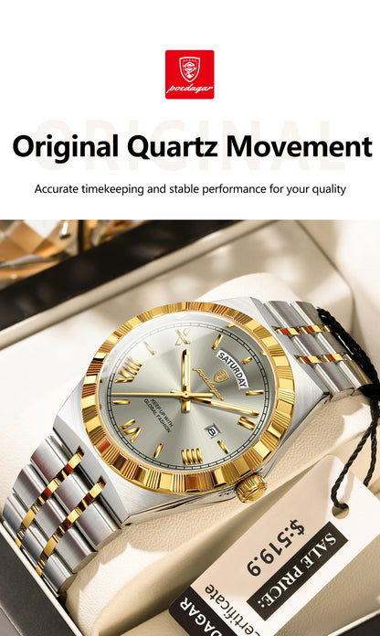 POEDAGAR Luxury Business Man Watch Week Date Waterproof Luminous Watches For Men Stainless Steel Quartz Men's Fashion Wristwatch
