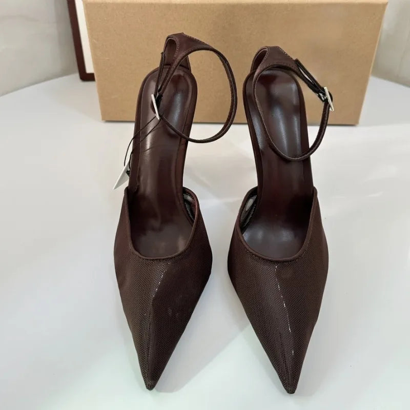High Heels Women Summer Sandals Breathable Brown Mesh Elegant  Ankle Strap Slingbacks Sexy Party Stiletto Brand Female Shoes