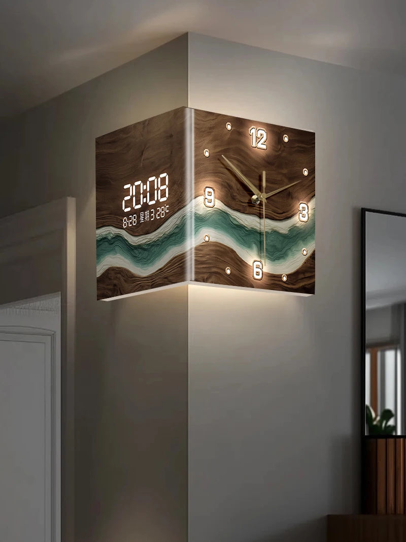 Abstract Double-Sided Acrylic Wall Clock | Silent Operation with Digital Display, Modern Home Living Room Decor