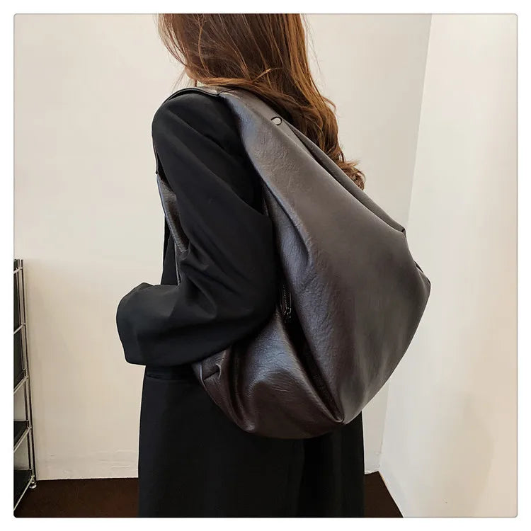 Big Black Shoulder Bags for Women Large Hobo Shopper Bag Solid Color Quality Soft Leather Crossbody Handbag Lady Travel Tote Bag