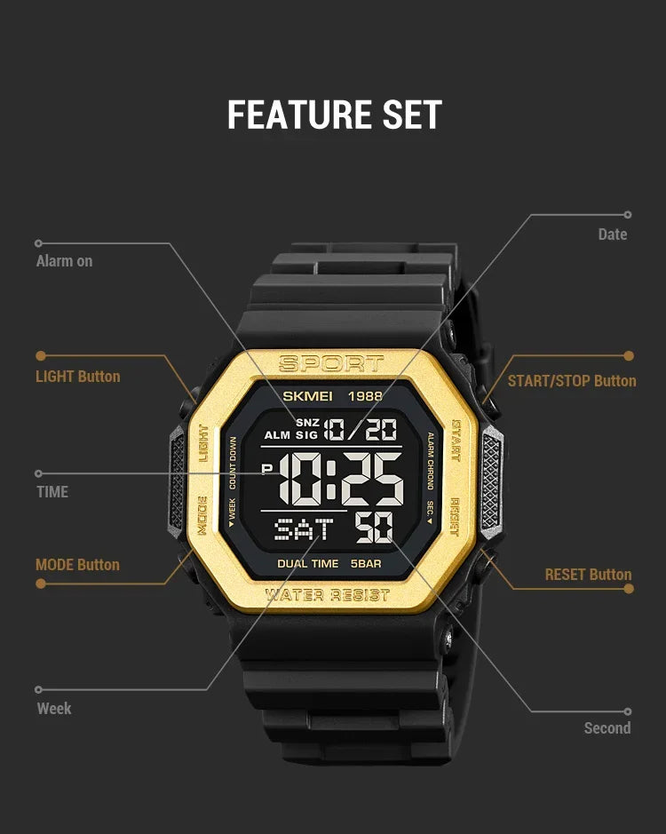 SKMEI 1988 Digital Sport Watch for Men LED Display Military Countdown Military Wristwatches Waterproof Mens Reloj Hombre 1628