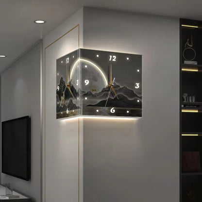 Mountain Pattern Double-Sided Wall Clock | Silent Acrylic Pointer Clock for Modern Living Room & Home Decor