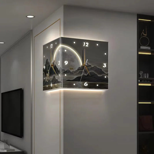 Mountain Pattern Double-Sided Wall Clock | Silent Acrylic Pointer Clock for Modern Living Room & Home Decor