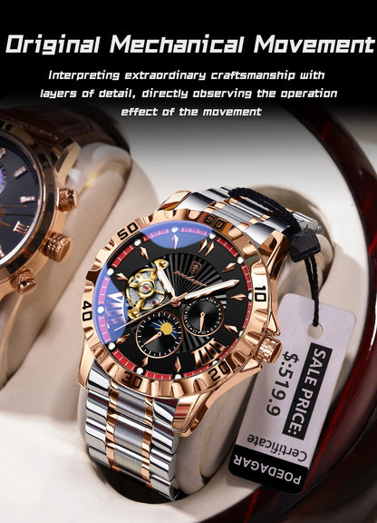 POEDAGAR Luxury Men Clock Hollow Tourbillon Automatic Mechanical Man Watch Waterproof Luminous Stainless Steel Men's Watches+Box