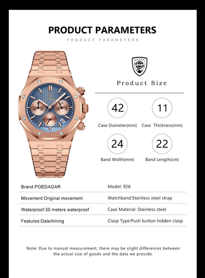 POEDAGAR Original Luxury Men's Watches Date Chronograph Stainless Steel Quartz Watch Waterproof Luminous Fashion Man Wristwatch