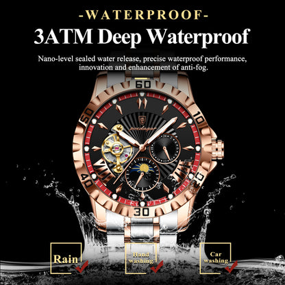 POEDAGAR Luxury Men Clock Hollow Tourbillon Automatic Mechanical Man Watch Waterproof Luminous Stainless Steel Men's Watches+Box