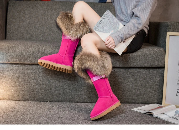 Winter Natural Fox Fur Long Boots Winter Fur Black Genuine Leather Snow Boots Knee- High Boots Waterproof Flat Raccoon Fur Boot