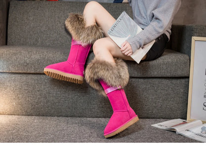 Winter Natural Fox Fur Long Boots Winter Fur Black Genuine Leather Snow Boots Knee- High Boots Waterproof Flat Raccoon Fur Boot
