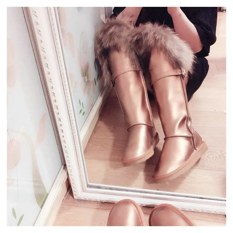 Winter Natural Fox Fur Long Boots Winter Fur Black Genuine Leather Snow Boots Knee- High Boots Waterproof Flat Raccoon Fur Boot