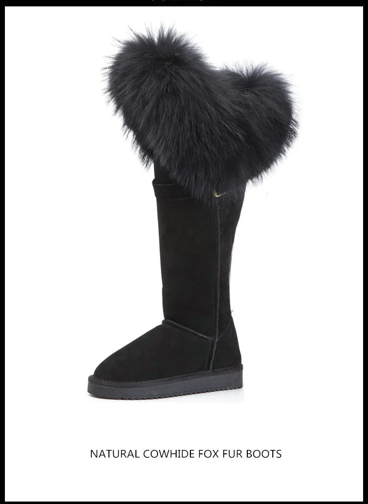 Winter Natural Fox Fur Long Boots Winter Fur Black Genuine Leather Snow Boots Knee- High Boots Waterproof Flat Raccoon Fur Boot
