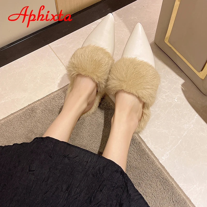 Aphixta New Warm Winter Real Rabbit Fur Plush Women Slippers Birds Furry Plaid Shoes Pointed Toe Flat Heel Hair Slides