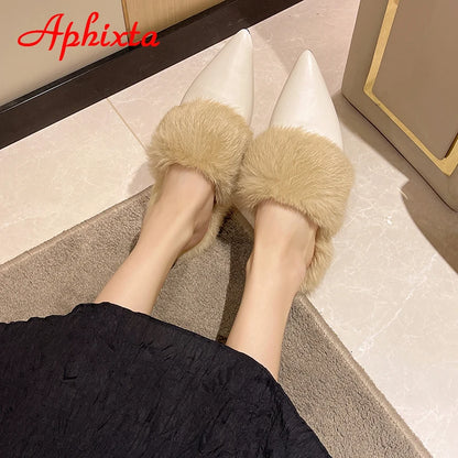 Aphixta New Warm Winter Real Rabbit Fur Plush Women Slippers Birds Furry Plaid Shoes Pointed Toe Flat Heel Hair Slides