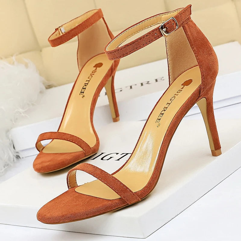 BIGTREE Shoes Summer Women Sandals Suede Hollow High Heels Stiletto Fashion Sandles Women Heels Ladies Shoes Women's Sandals