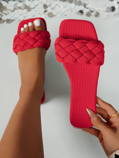 Square-toe Basket-Woven Sandals, Flat Home Slippers