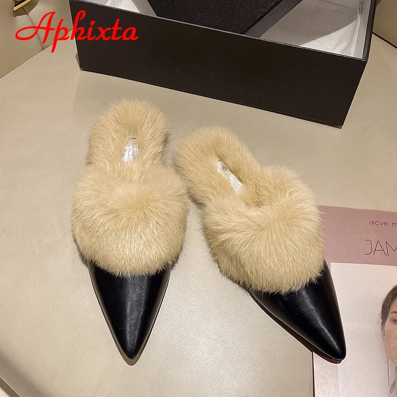 Aphixta New Warm Winter Real Rabbit Fur Plush Women Slippers Birds Furry Plaid Shoes Pointed Toe Flat Heel Hair Slides