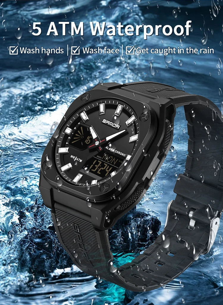 SANDA Quartz Watches for Men's Luxury Military Sport Chronograph Waterproof LED Dual Display Electronic Man Watches Reloj Hombre