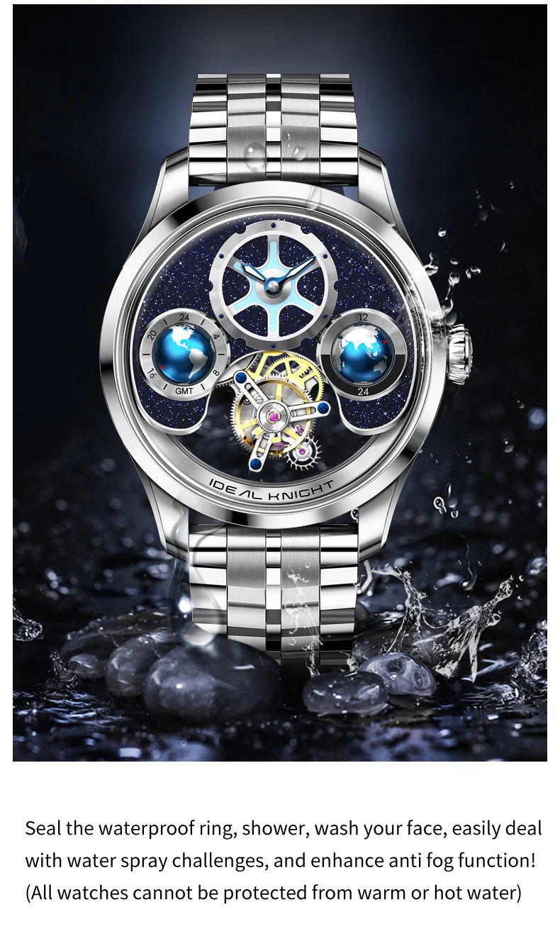 IDEAL KNIGHT 6808 Man Watch Blue Earth Dial Hollow Mechanical Watches For Men Waterproof Tourbillon Men's Automatic Wristwatches