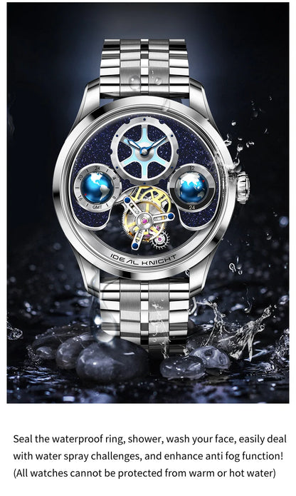 IDEAL KNIGHT 6808 Man Watch Blue Earth Dial Hollow Mechanical Watches For Men Waterproof Tourbillon Men's Automatic Wristwatches