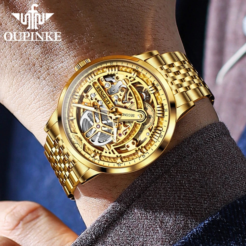 OUPINKE 3173 Men's Full Gold Watch Fully hollow out Waterproof top-level luxury automatic mechanical watch