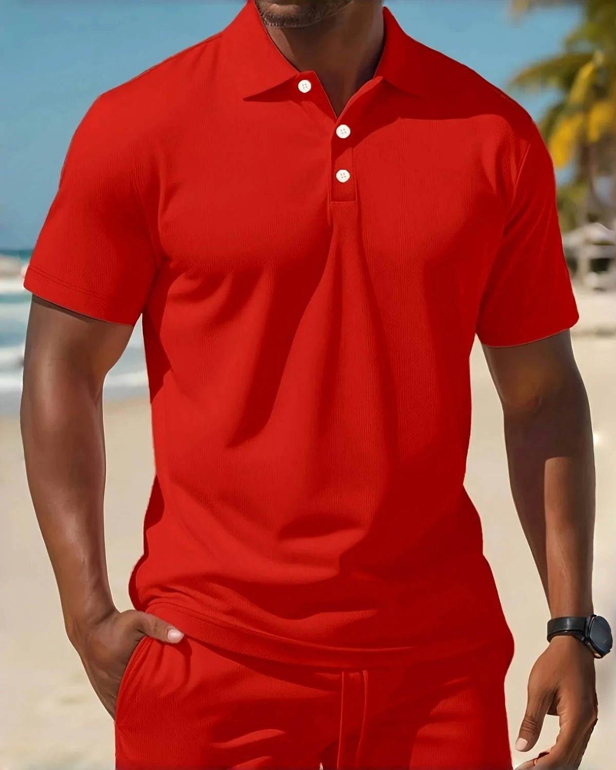 2025Men's business Casual beach sports Two-piece set, Drawstring elastic waist sports shorts set, button access control lapeltop