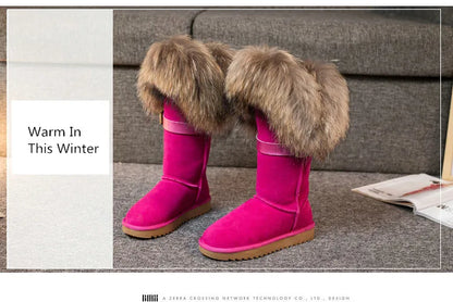 Winter Natural Fox Fur Long Boots Winter Fur Black Genuine Leather Snow Boots Knee- High Boots Waterproof Flat Raccoon Fur Boot