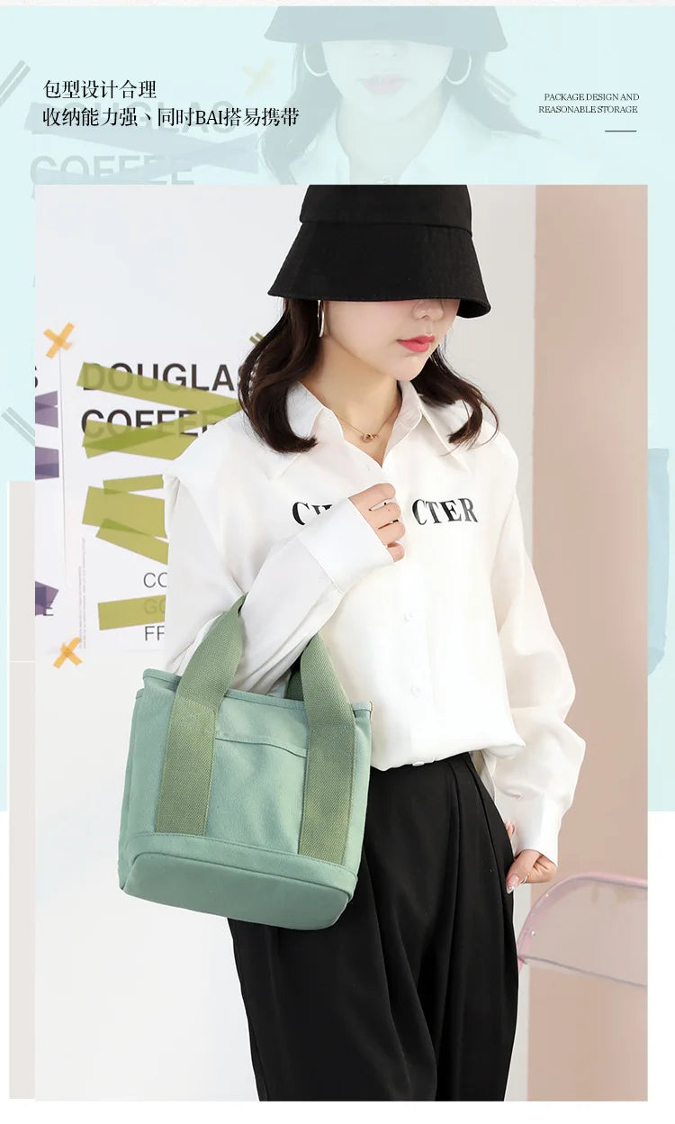 Xierya Women Small Bag with Zipper Fashion Lady Single Shoulder Portable Thickened Canvas Mobile Phone Bucket Tote Bag