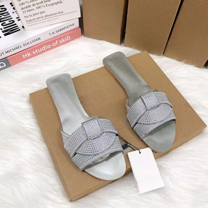 Brand Designer 2024 Summer Flat Women's Slippers Shining Diamond Decoration Open Toe Beach Shoes Outdoor Walk Ladies Slides