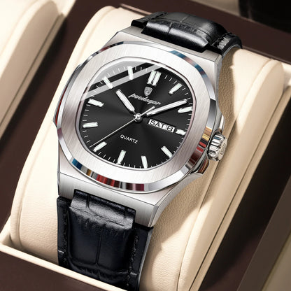 POEDAGAR High Quality Watch For Men Luxury Luminous Waterproof Week Calendar Man Clock Leather Square Men's Quartz Watches Reloj