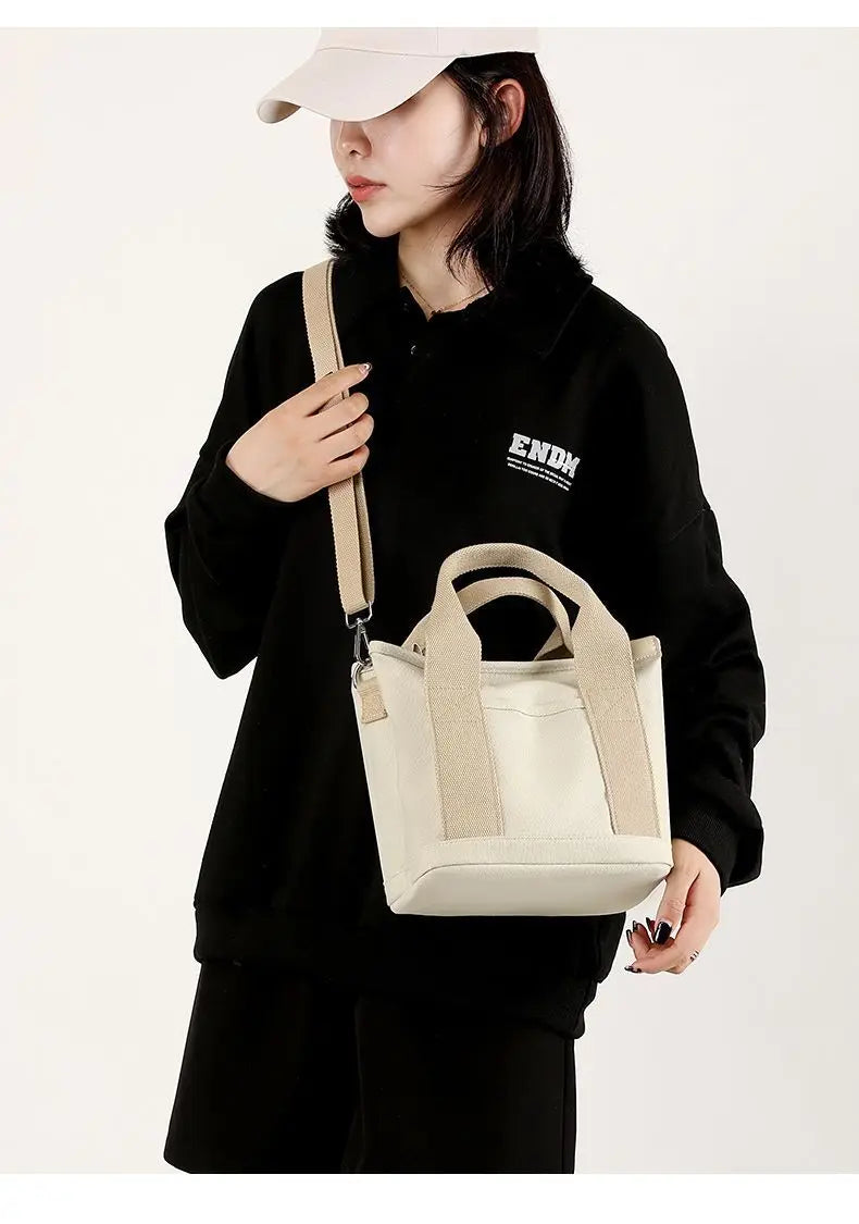 Xierya Women Small Bag with Zipper Fashion Lady Single Shoulder Portable Thickened Canvas Mobile Phone Bucket Tote Bag