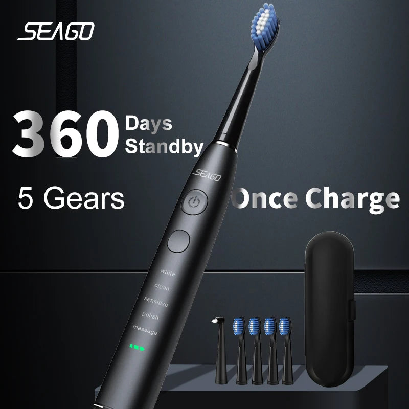 Seago SG-575 Sonic Electric Toothbrush | USB Rechargeable Toothbrush with 360-Day Battery Life, 4 Brush Heads & Travel Box