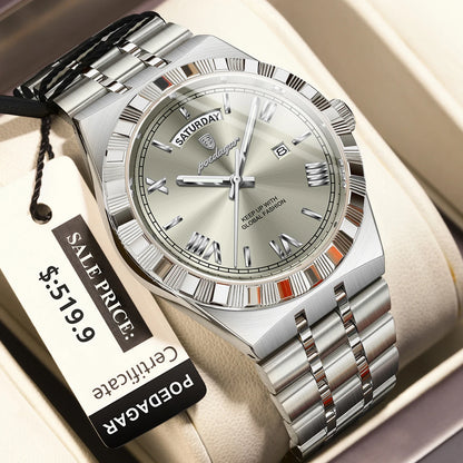 POEDAGAR Luxury Business Man Watch Week Date Waterproof Luminous Watches For Men Stainless Steel Quartz Men's Fashion Wristwatch