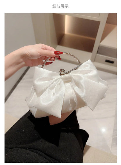White Satin Bow Fairy Evening Bags Clutch Metal Handle Handbags for Women Wedding Party Bridal Clutches Purse Chain Shoulder Bag