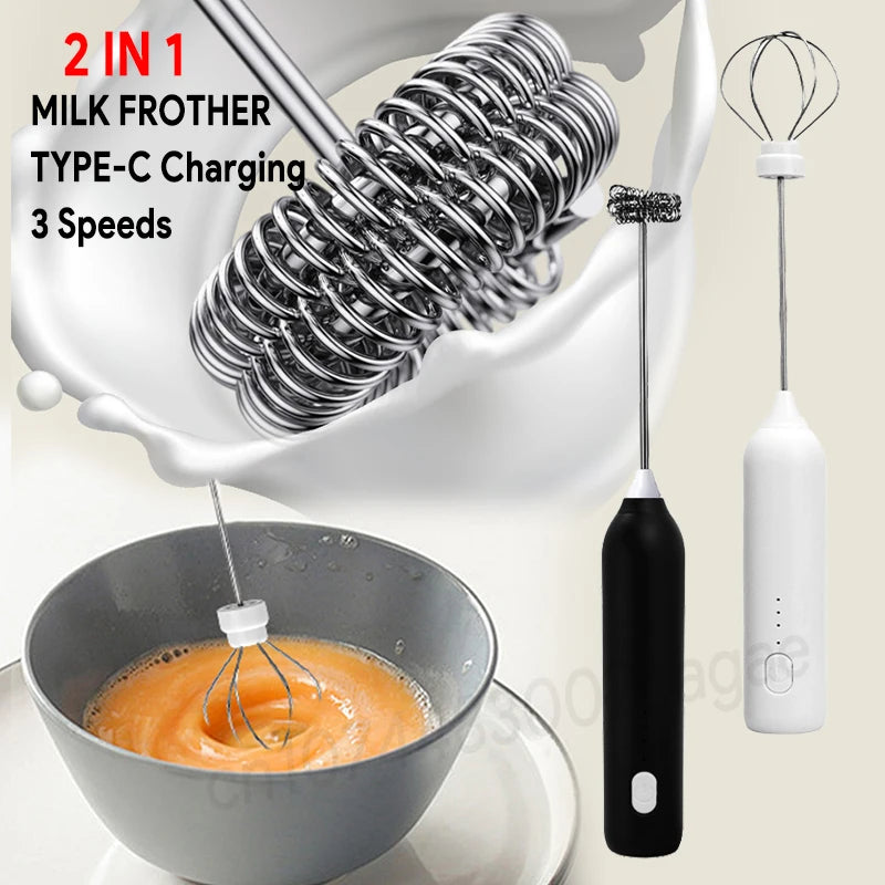 HOT  Electric Milk Frother +Type-C Milk Frother & Egg Beater – 3 Speed