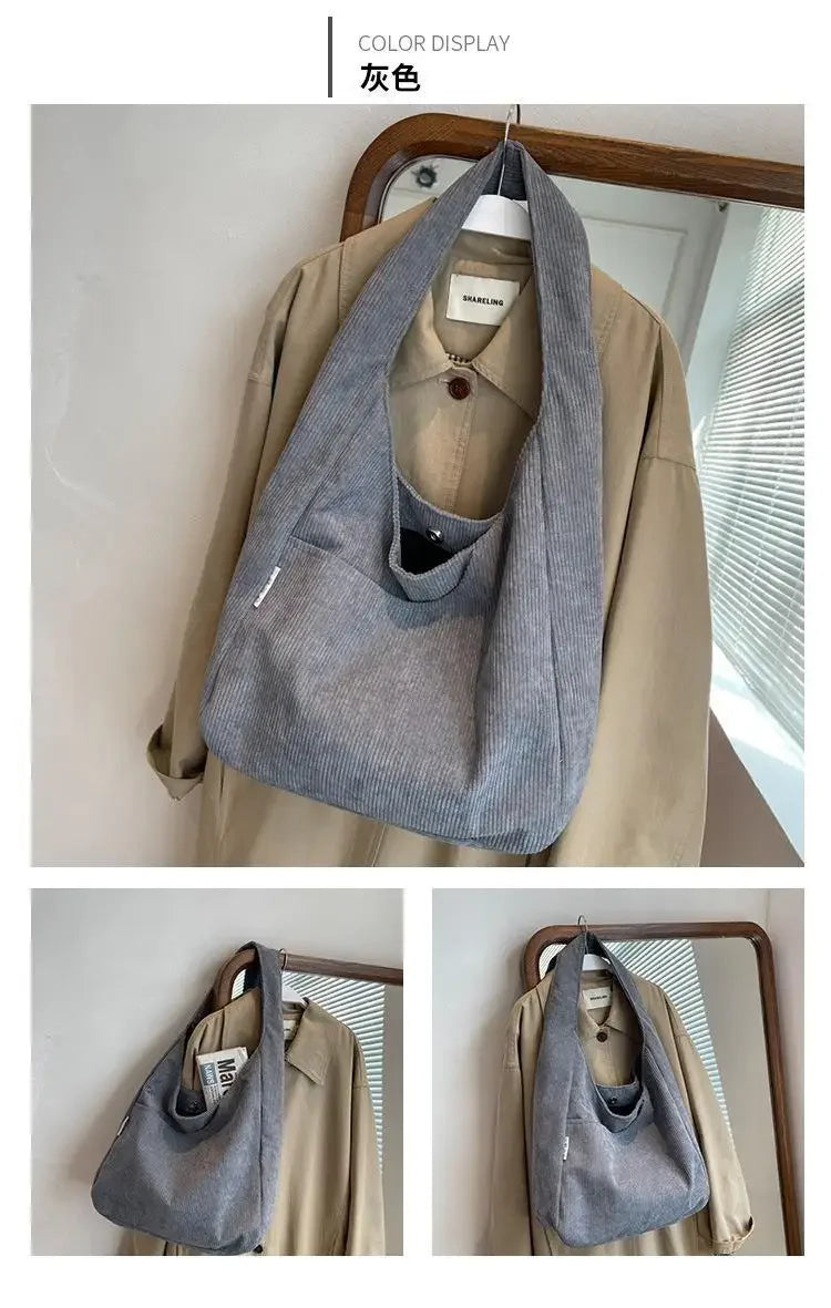 Canvas Shoulder Women's Tote Bag Corduroy Simple Casual Large Capacity Designer Handbags For Women Travel Solid Shopper Bag