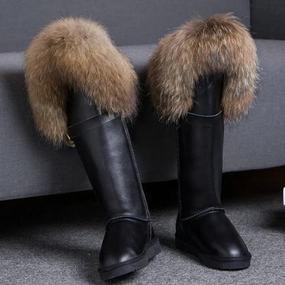 Winter Natural Fox Fur Long Boots Winter Fur Black Genuine Leather Snow Boots Knee- High Boots Waterproof Flat Raccoon Fur Boot