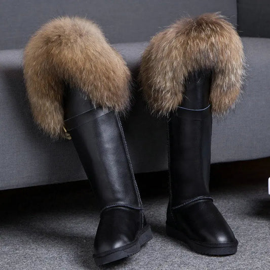 Winter Natural Fox Fur Long Boots Winter Fur Black Genuine Leather Snow Boots Knee- High Boots Waterproof Flat Raccoon Fur Boot