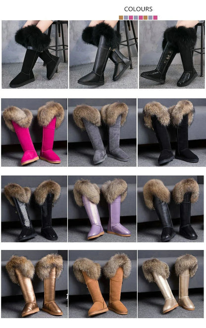 Winter Natural Fox Fur Long Boots Winter Fur Black Genuine Leather Snow Boots Knee- High Boots Waterproof Flat Raccoon Fur Boot