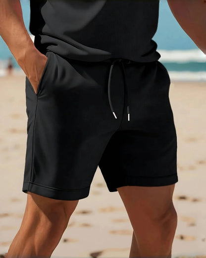 2025Men's business Casual beach sports Two-piece set, Drawstring elastic waist sports shorts set, button access control lapeltop