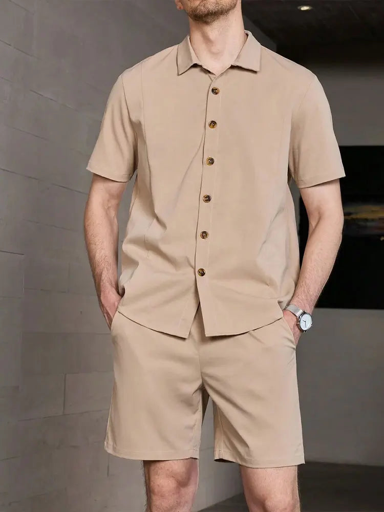 Summer Men's Solid Color Short Sleeve Shirt Set Lapel Button Front Shirt T Shirt Athletic Casual Shorts Set Hawaii Vacation Wear