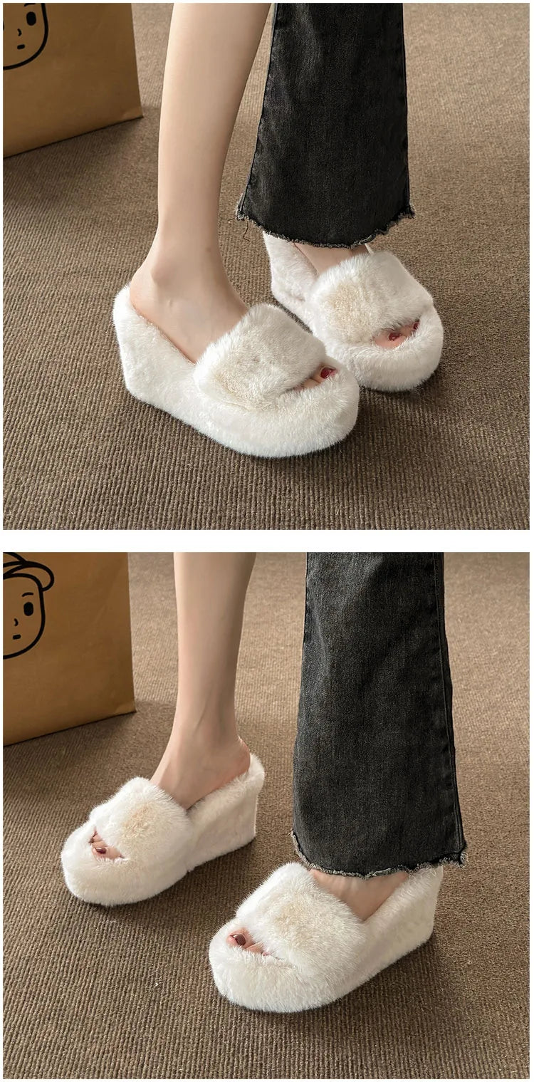 2024 Luxury New Women Feminine High-heeled Fur Drag Outdoor All-match Shoes Slippers Round Head Wedges with Mink Fur Slippers