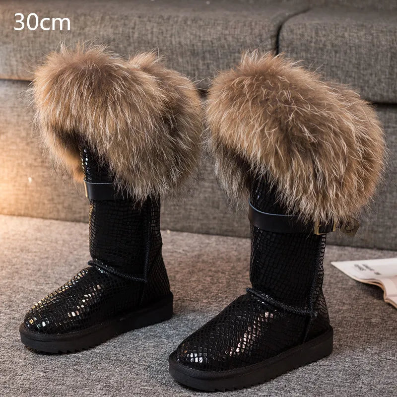 Winter Natural Fox Fur Long Boots Winter Fur Black Genuine Leather Snow Boots Knee- High Boots Waterproof Flat Raccoon Fur Boot